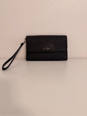 kate spade black glitter clutch with gold logo